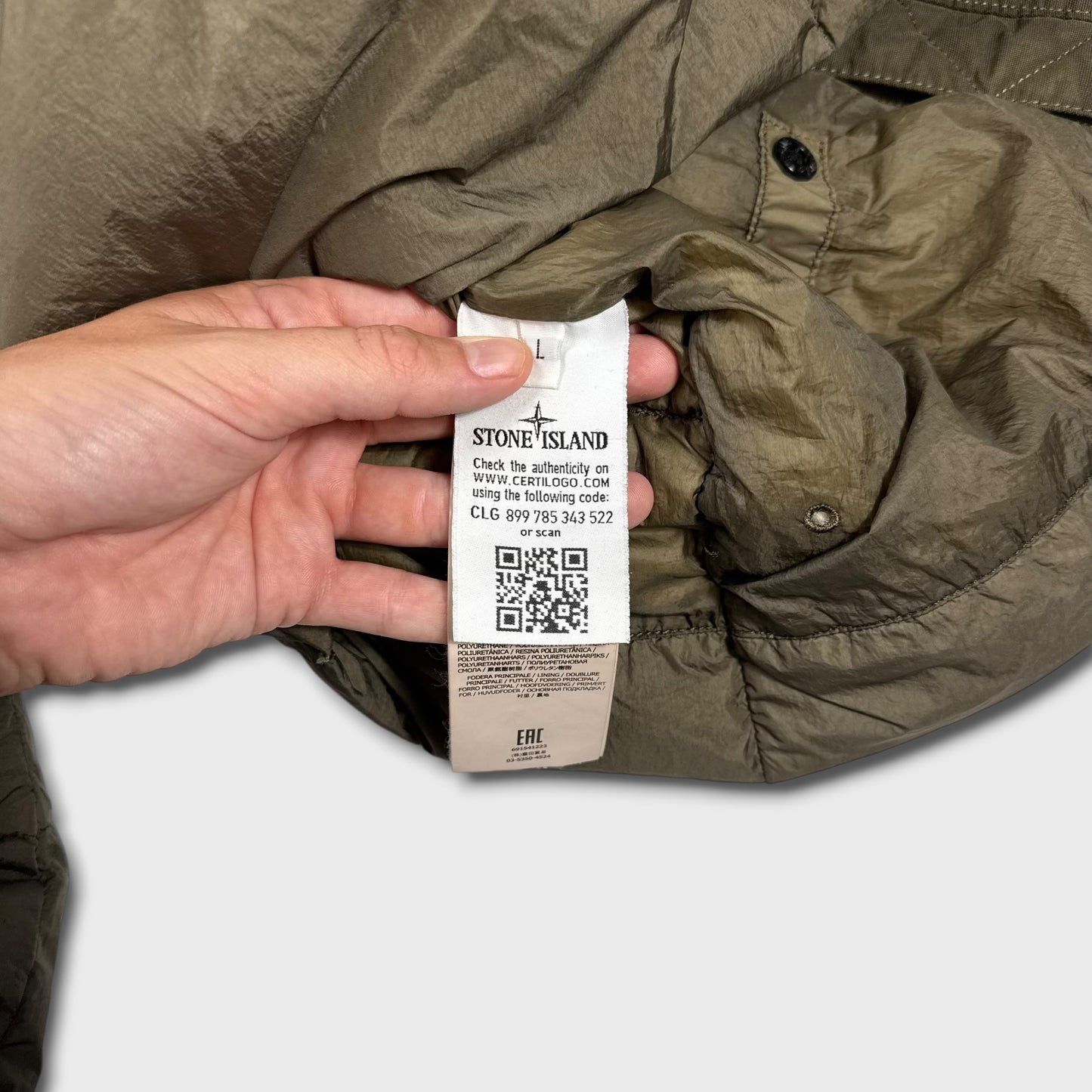 Stone Island Olive Garment Dyed Crinkle Reps Down Jacket L