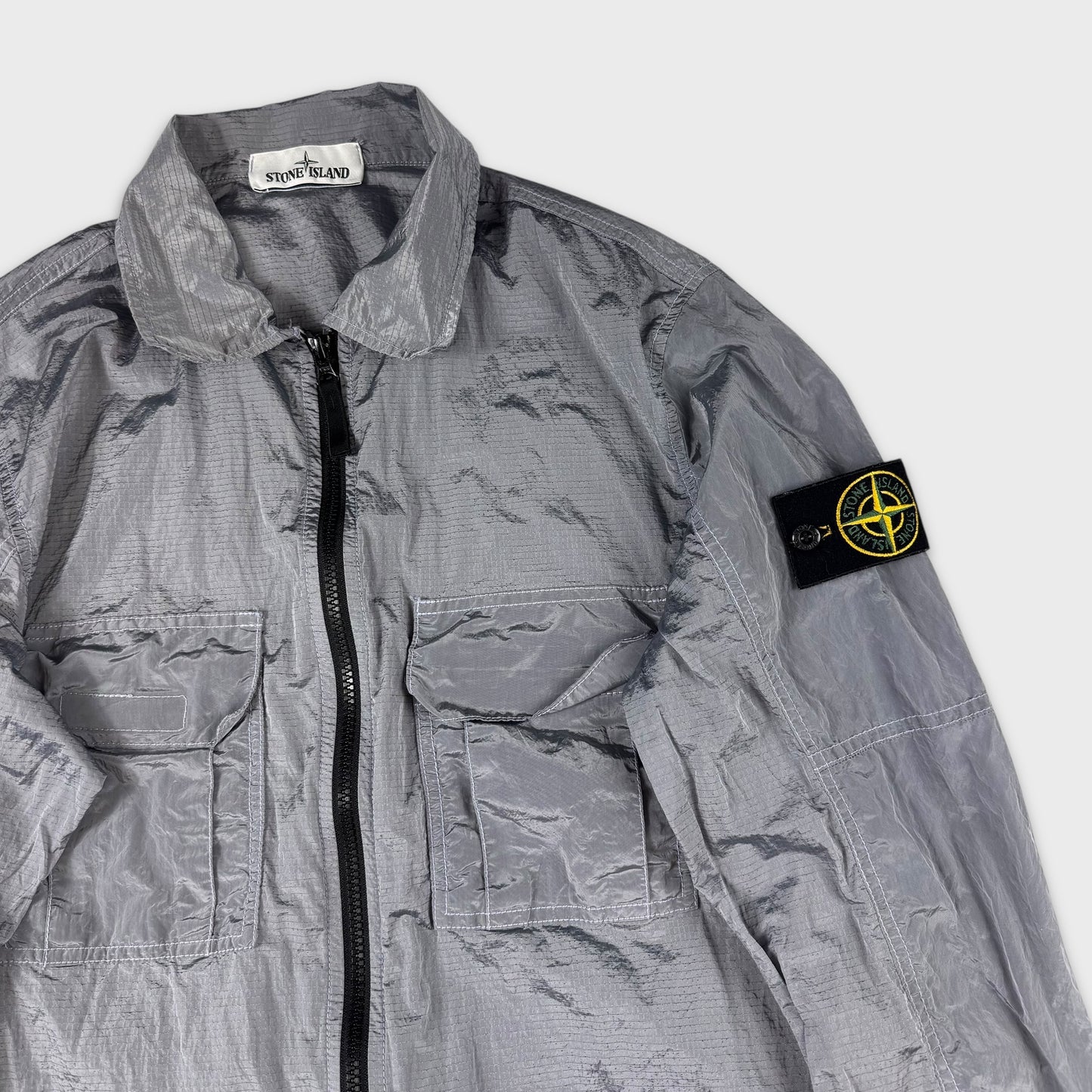 Stone Island Silver Double Pocket Nylon Metal Ripstop Overshirt S