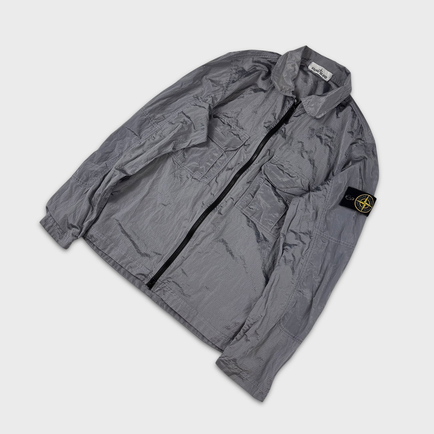 Stone Island Silver Double Pocket Nylon Metal Ripstop Overshirt S