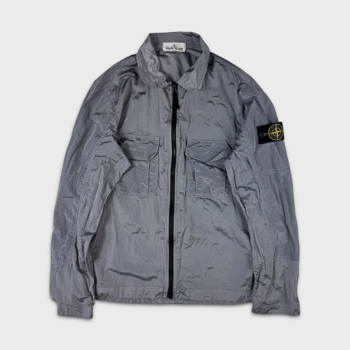 Stone Island Silver Double Pocket Nylon Metal Ripstop Overshirt S