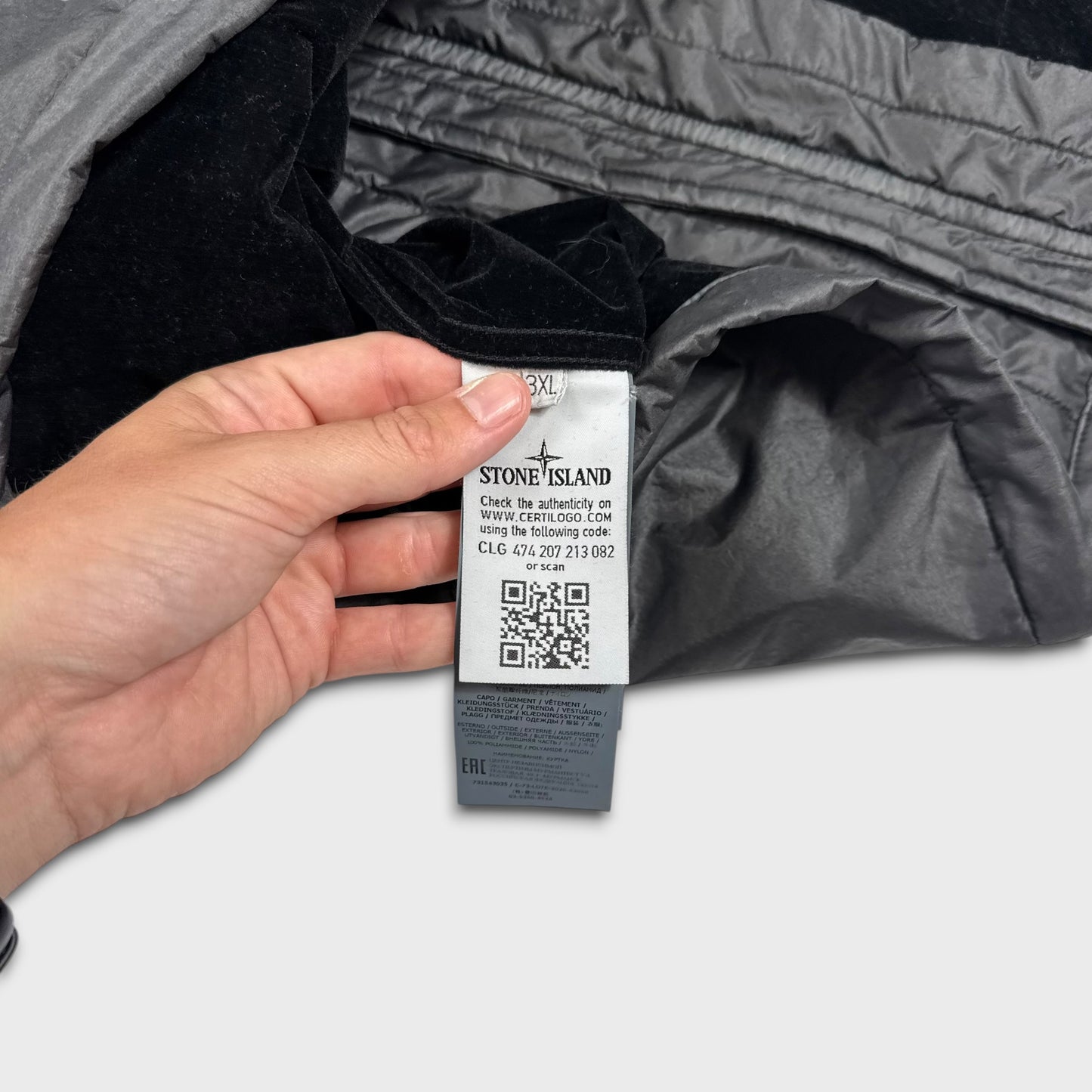 Stone Island Charcoal / Black Lamy Velour Hooded Jacket 3XL