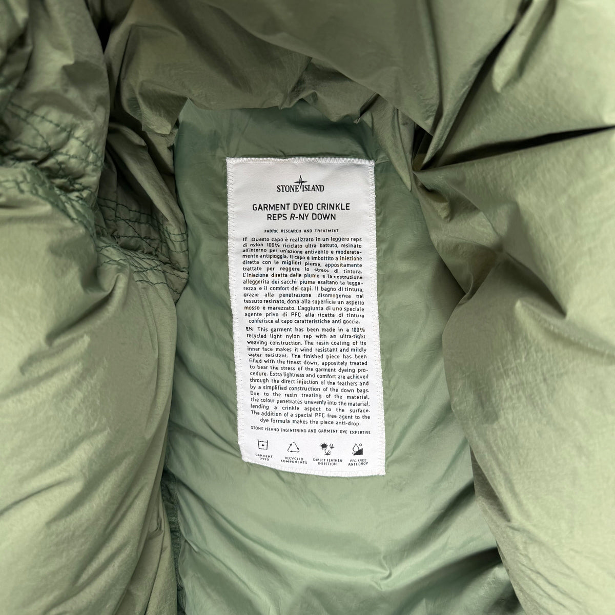 Stone Island Sage / Olive Crinkle Reps Down R-NY Parka Jacket L