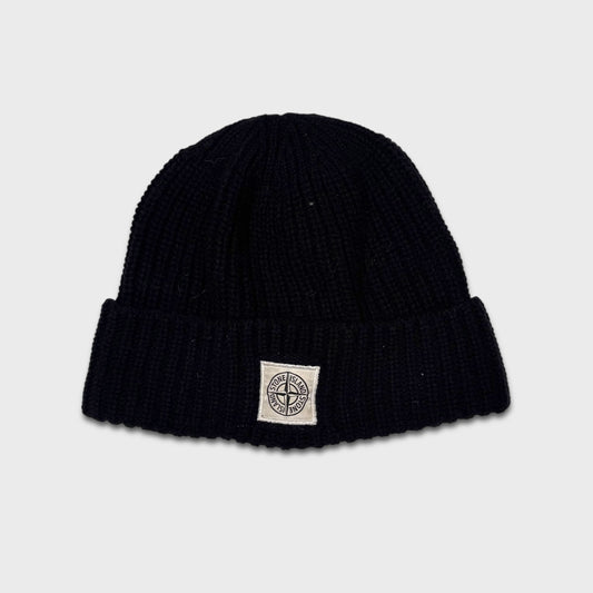 Stone Island Black Compass Logo Beanie OS