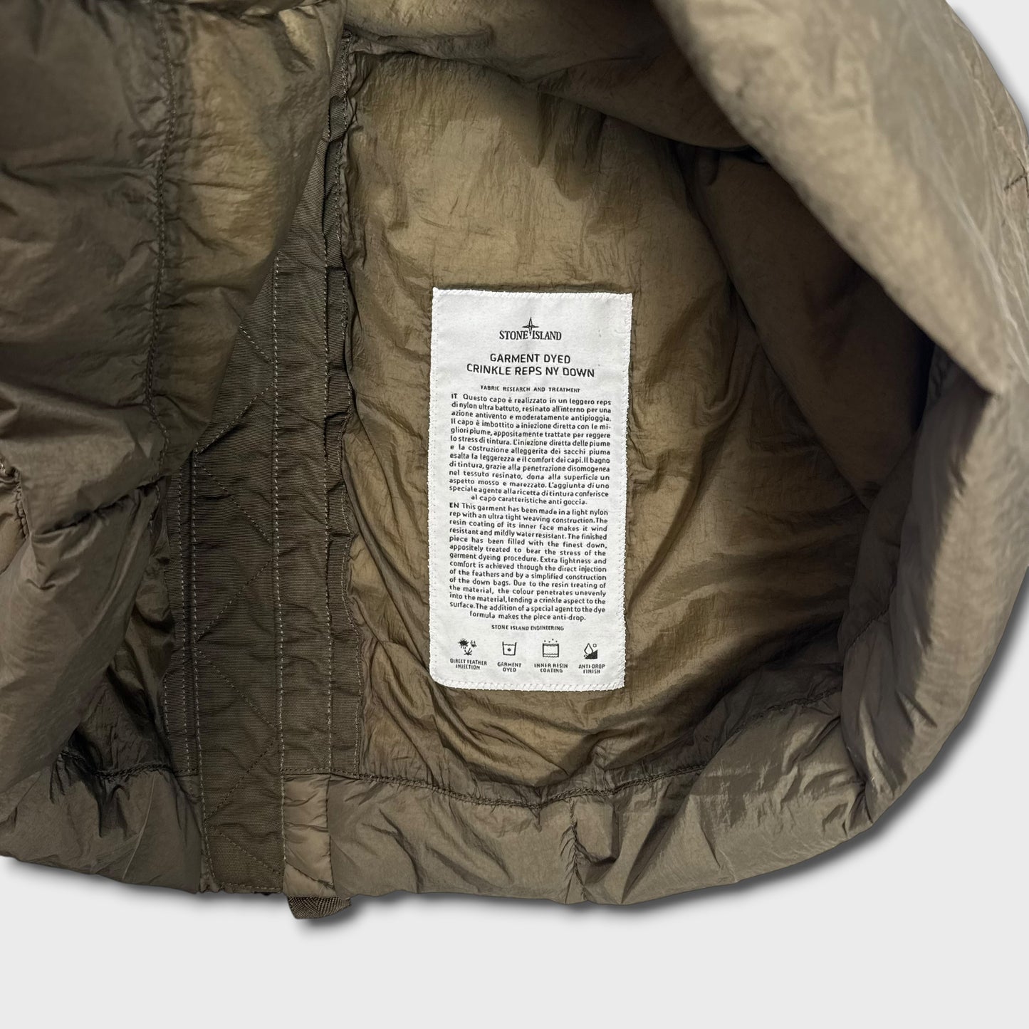 Stone Island Olive Garment Dyed Crinkle Reps Down Jacket L