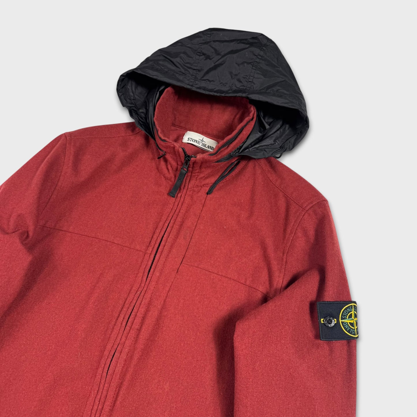 Stone Island Red Wool Soft Shell Jacket w/ Nylon Hood L