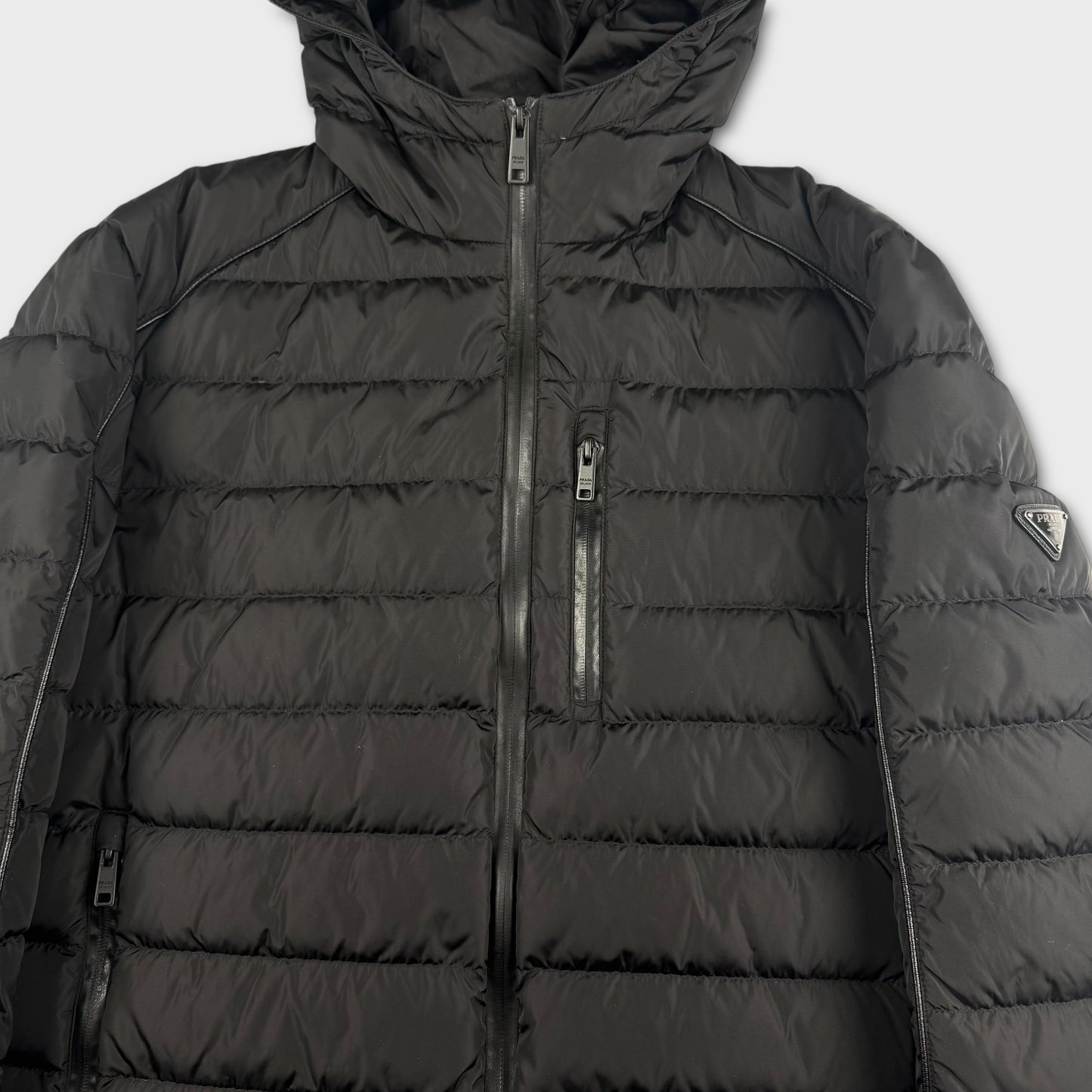 Prada Milano Black Laminated Zip Puffer Jacket L