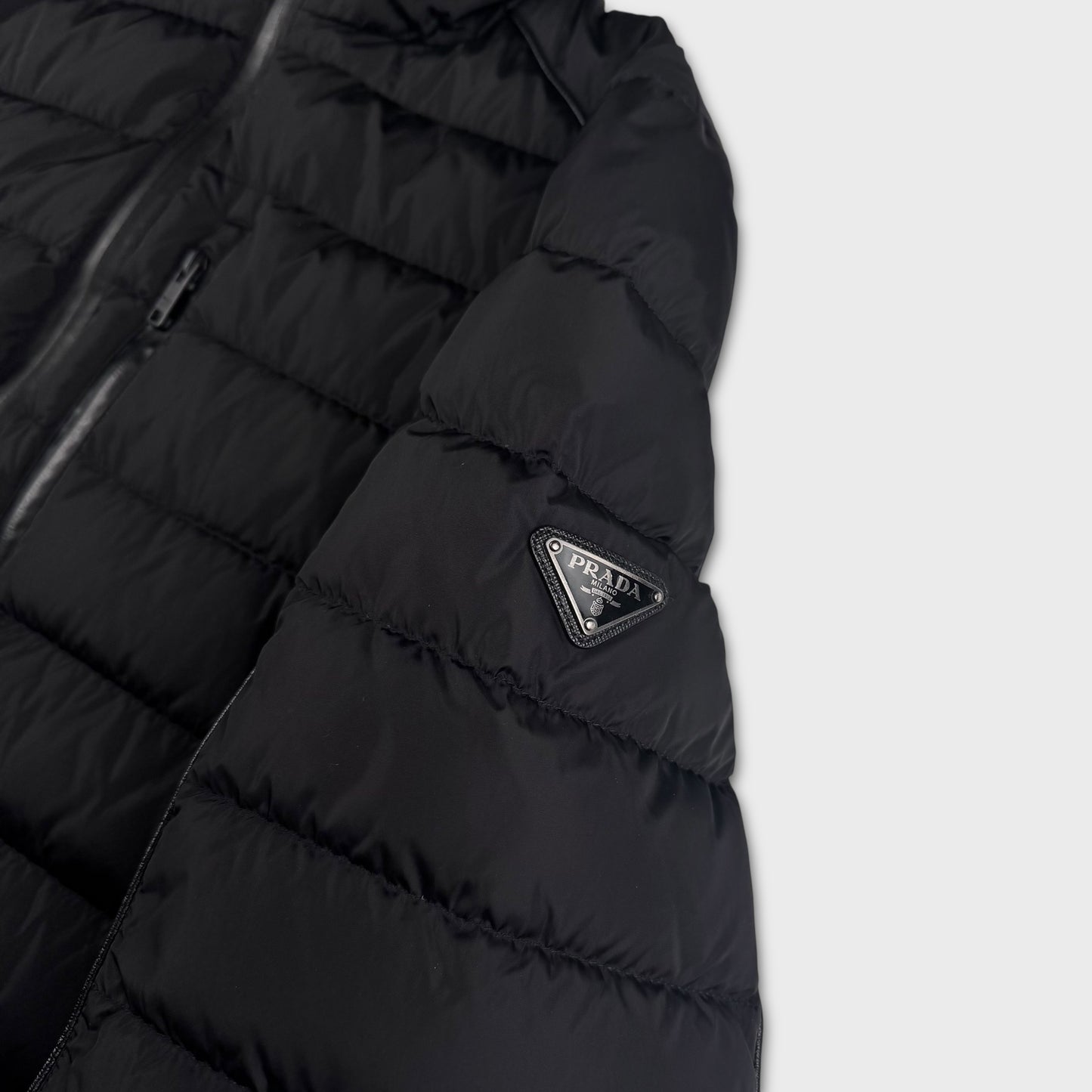 Prada Milano Black Laminated Zip Puffer Jacket L