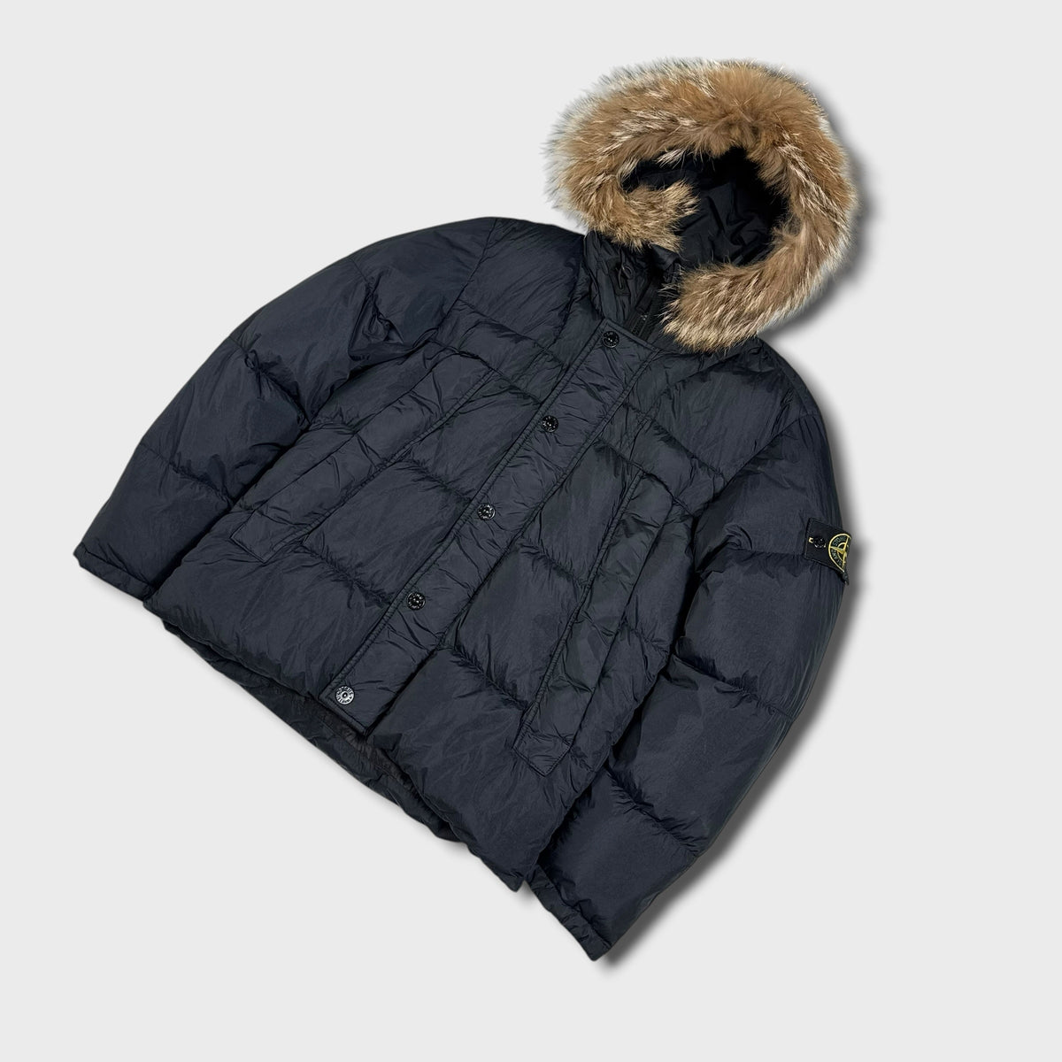 Stone Island Garment Dyed Crinkle Reps NY Down Fur Hood Jacket L