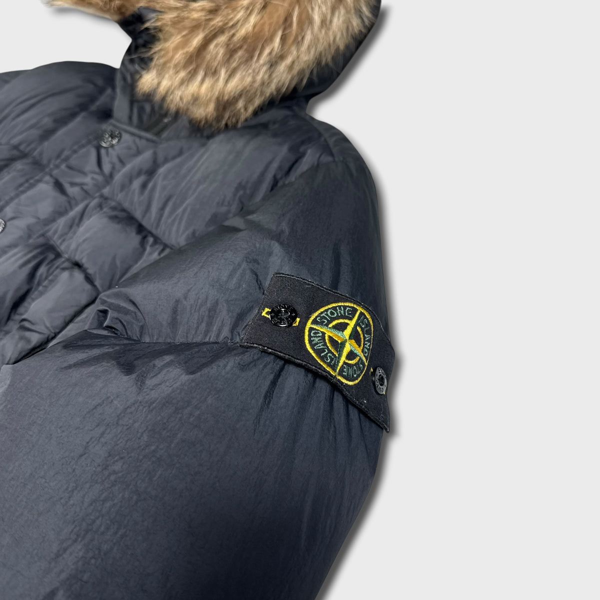 Stone Island Garment Dyed Crinkle Reps NY Down Fur Hood Jacket L